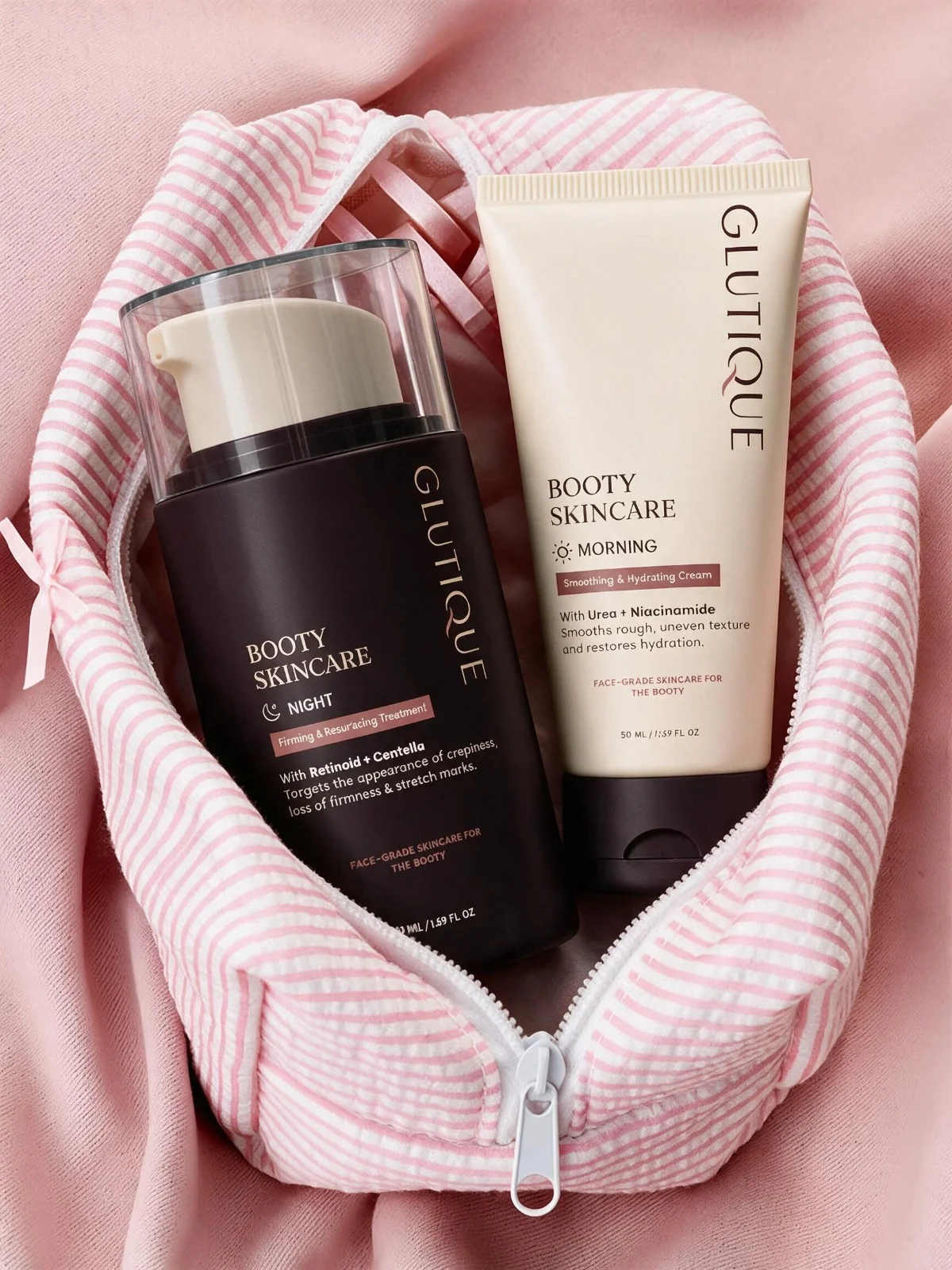 Glutique Morning cream and Night treatment inside a pink striped pouch
