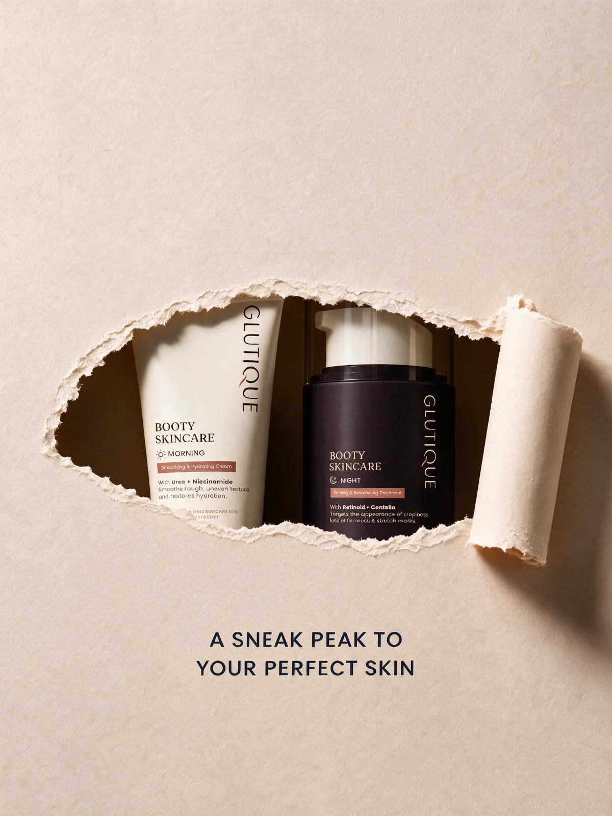 Glutique Morning cream and Night treatment revealed through torn paper